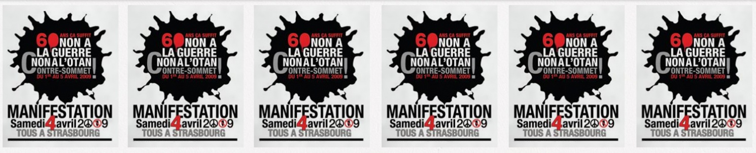 Flera affischer med text:  "60 ans ca suffit. Non a la guerre, non a l'Otan Contre-sommet..."