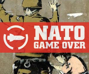 Målning av flicka som visiterar soldat, och Nato Game Overs logotyp