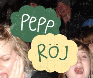 Skrikande festdeltagare och texten "Pepp Röj"